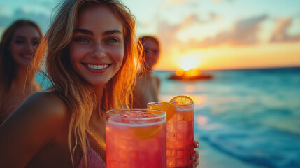 A woman is smiling and holding two drinks, one of which is pink. The other drink is a lemonade. The woman is standing on a beach with a beautiful sunset in the background