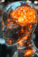 Poster - A woman's head is glowing with a bright orange light. The image is a representation of the brain and its functions
