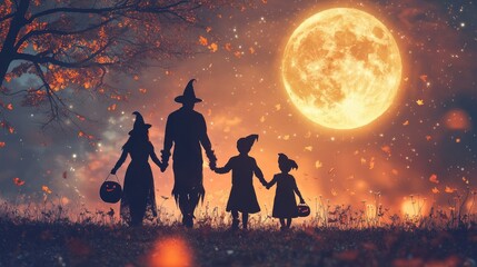Wall Mural - 2. A family of four dressed in Halloween costumes, smiling and holding hands while trick-or-treating under a full moon