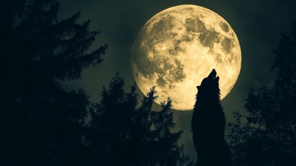 Wall Mural - 10. a person in a werewolf costume howling at the full moon, with trees silhouetted in the backgroun