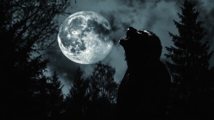 Wall Mural - 10. a person in a werewolf costume howling at the full moon, with trees silhouetted in the backgroun
