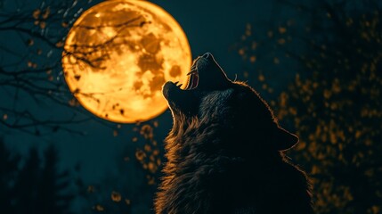 Wall Mural - 10. a person in a werewolf costume howling at the full moon, with trees silhouetted in the backgroun