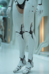 Wall Mural - A robot's legs are shown in a white and silver color. The legs are made of metal and have a robotic appearance. The legs are positioned in a way that they appear to be in motion