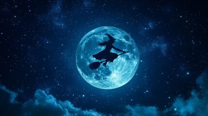 a witch flying on a broomstick across a full moon