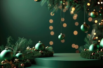 green christmas podium for festive product showcase: luxurious & stylish holiday stage with copy spa