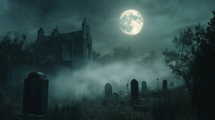 Wall Mural - 29. a full moon illuminating a graveyard, with fog swirling around the tombstones