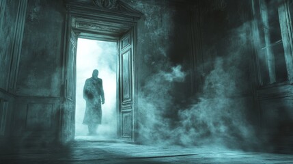 Wall Mural - 62. a ghostly figure standing in the doorway of an old, abandoned house, with fog swirling around