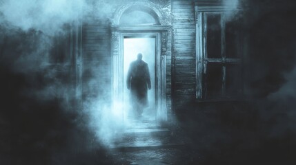 Wall Mural - 62. a ghostly figure standing in the doorway of an old, abandoned house, with fog swirling around
