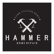 © Tomi43 - retro vintage crossed hammer and nail logo for home repair services, carpentry, badges, builders, woodworking, construction, vector