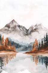 Wall Mural - Watercolor autumn landscape with mountains, forest and lake. Generative AI.