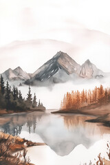 Wall Mural - Watercolor autumn landscape with mountains, forest and lake. Generative AI.