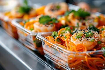 Modern thai lunch boxes with shrimp and fresh vegetables for a delicious meal