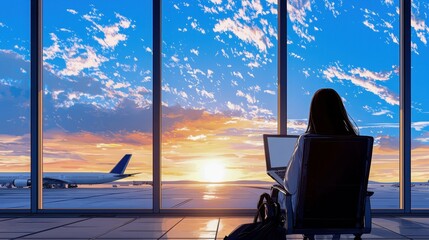 A traveler works on a laptop while enjoying the sunset view from the airport lounge, creating a serene travel experience.