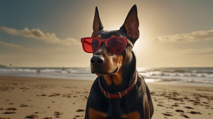 Poster - a dog wearing sunglasses sits on a beach with the sun behind him.