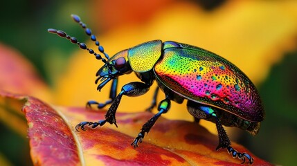 Wall Mural - Close-up of a Vibrant Beetle on a Leaf