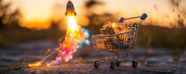 A whimsical scene of a shopping cart with a rocket taking off, symbolizing imagination and adventure in consumerism.