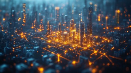 Poster - An intricate representation of energy networks flowing through a sprawling, illuminated urban environment.