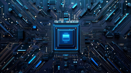 Wall Mural - Abstract AI circuit board backdrop. Technological layout featuring interconnected blue lines with electronic components on a tech background. Computer motherboard showcasing a chip, processor.