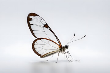 Wall Mural - A delicate glasswing butterfly with translucent wings on a white background, AI Generated