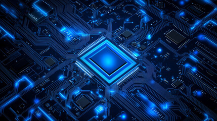 Poster - Abstract AI circuit board backdrop. Technological layout featuring interconnected blue lines with electronic components on a tech background. Computer motherboard showcasing a chip, processor.