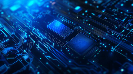 Poster - Abstract AI circuit board backdrop. Technological layout featuring interconnected blue lines with electronic components on a tech background. Computer motherboard showcasing a chip, processor.