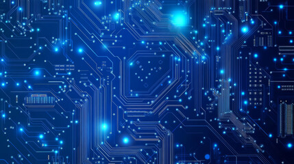 Poster - Abstract AI circuit board backdrop. Technological layout featuring interconnected blue lines with electronic components on a tech background. Computer motherboard showcasing a chip, processor.