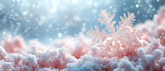 Sticker - A delicate snowflake rests on a soft bed of pastel snow, capturing the tranquil beauty of winter in a dreamy atmosphere.