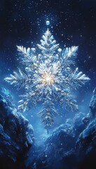 Sticker - A stunning, illuminated snowflake glistening in a serene winter landscape, capturing the magic of the season and nature's beauty.