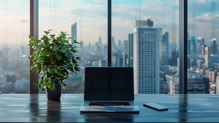 Loft clean minimal wooden desk desktop laptop notebook computer monitor display creative setup design in modern office business workplace workspace room with window city urban view in background