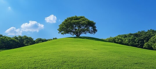 A big tree over the green hill with blue sky. Generative AI technology.	
