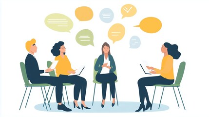 Poster - Group discussion in a modern office setting with colleagues sharing ideas and interacting during a team meeting in a bright atmosphere