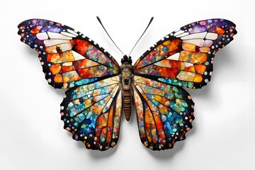 Wall Mural - A vibrant butterfly with a mosaic of colors on its wings displayed on a white background, AI Generated