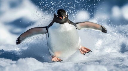 Canvas Print - Gentoo Penguin Leaps Through the Snow