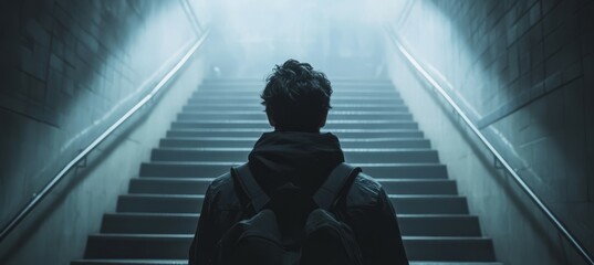 Wall Mural - Back view adult man with staircase tunnel background. Generative AI technology.