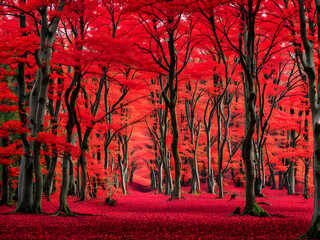 Wall Mural - A forest covered in red leaves in autumn, with paths in the woods and natural scenery background