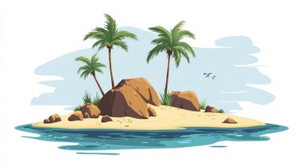 Desert island in flat style on a white background. Island with rock and palm trees. Cartoon island in the ocean