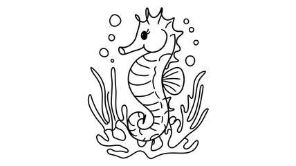 A doodle sketch of a seahorse in black line, illustrated for school or sketch drawing books, The seahorse is sitting on a coral coloring book for kids back to school    concept generative ai.