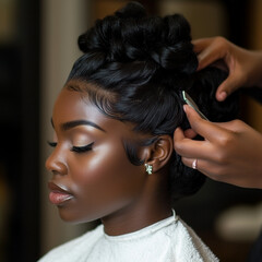 a black woman getting her hair done at a salon