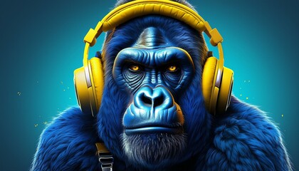 Blue gorilla with yellow headphone 