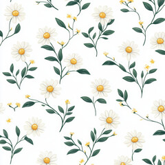  Seamless, Daisy pattern, Hand-drawn daisies, Minimalist design, Green leaves, Realistic colors, Simple drawing, White background, Negative space, Decorative design, Vector pattern, Nature inspired,