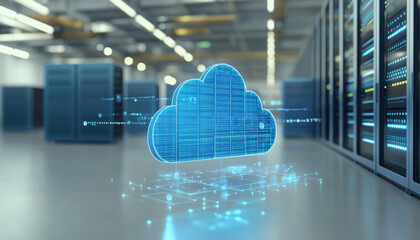 Cloud computing technology with hologram in datacenter server room