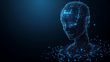 Poster - Abstract chatbot icon in a futuristic low poly wireframe style. Features digital circular rotation resembling a cooler or turbine blades. Represents artificial intelligence concepts with glowing 