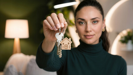 Please take your keys. Close up blurred portrait of smiling young latin lady real estate owner seller propose you client to get key from new home flat. Focus on female broker hand giving bunch of keys