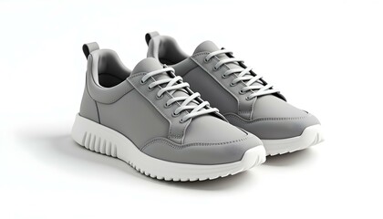 A pair of gray casual sneakers with white soles, laces, and trim. The sneakers have a minimalist, modern design with a textured upper material on white background