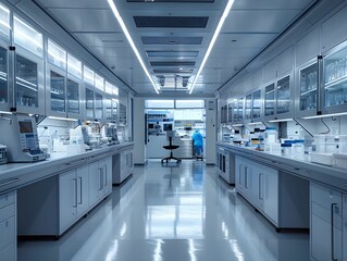 Modern laboratory interior with equipment and lab technician preparing samples in a clean environment during daytime