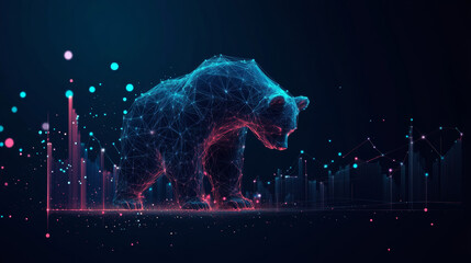 Abstract colored Japanese candlesticks alongside a digital bear. Represents stock market exchange or financial technology concepts. Rendered in a low poly wireframe vector style, featuring a polygonal