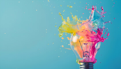 Creative concept light bulb explodes with colorful water colors on a light blue background. Think different, creative idea. Productivity and creativity