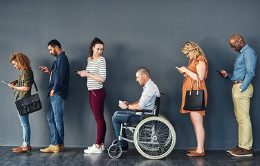 Poster - Recruitment, people and waiting in line for interview with inclusion, technology and business hiring. Diversity group, candidates and man in wheelchair with equality and onboarding at human resources