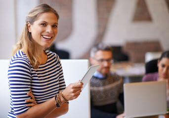 Poster - Businesswoman, portrait and tablet in office for schedule, planning and online for tasks management. Female supervisor, tech and digital with pride for information, check workflow and performance