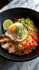 Wall Mural - Fried rice or Nasi Goreng with shrimps and fried egg on black plate. japanese food style
